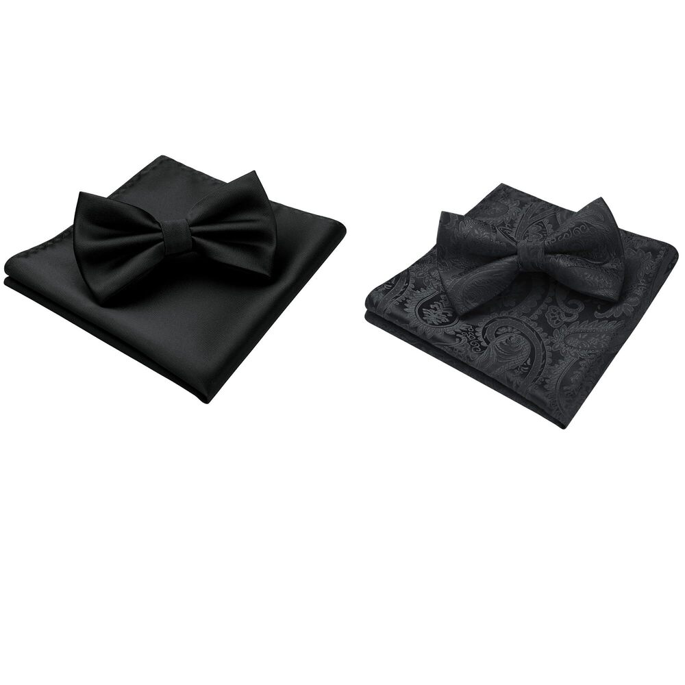 9632 Black Bow Ties Pre Tied Bowtie and Pocket Square Set for Classic